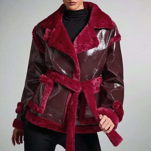 Burgundy Casual Women's Faux fur detailed  Long Sleeve Faux Leather Jacket Coat - Picture 1 of 7